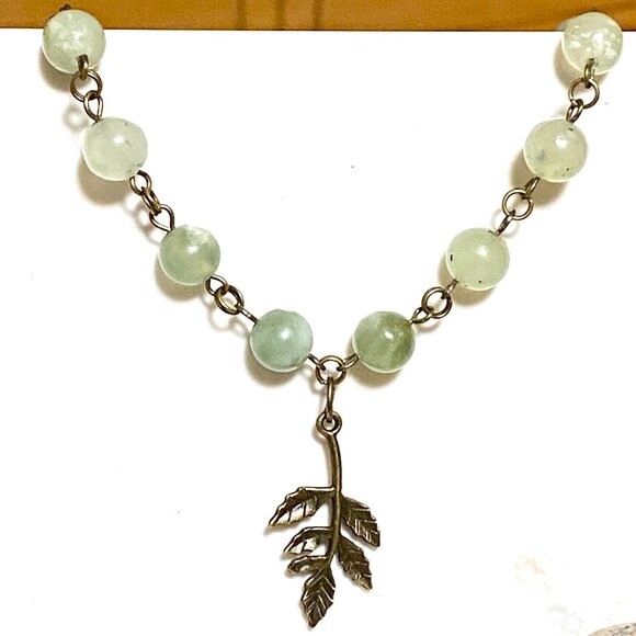 Natural Mint Green Serpentine Necklace, Bronze Leaf Branch + Genuine Gemstone - Picture 4 of 16